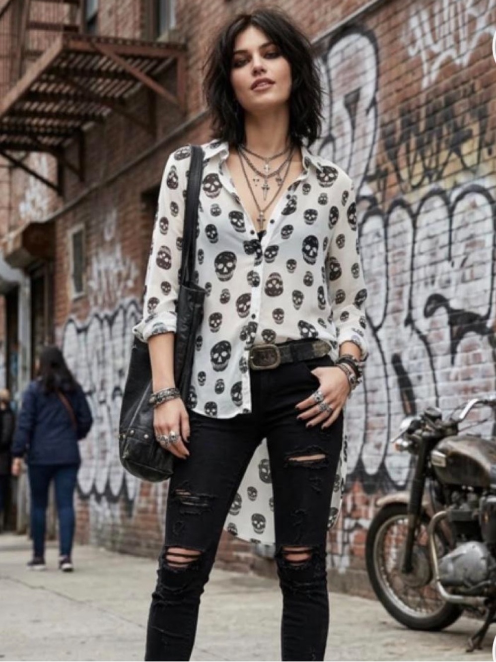 Fun & Flirt Skull Gothic Shirt White/Black Button-Up Lightweight Chiffon Large